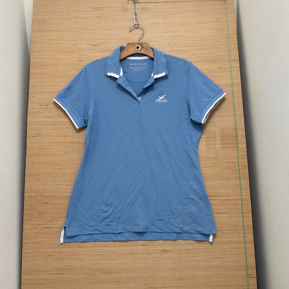 Peter Millar Women M Blue Farm Neck Golf Polo Shirt UPF 50+ Short Sleeve Stretch